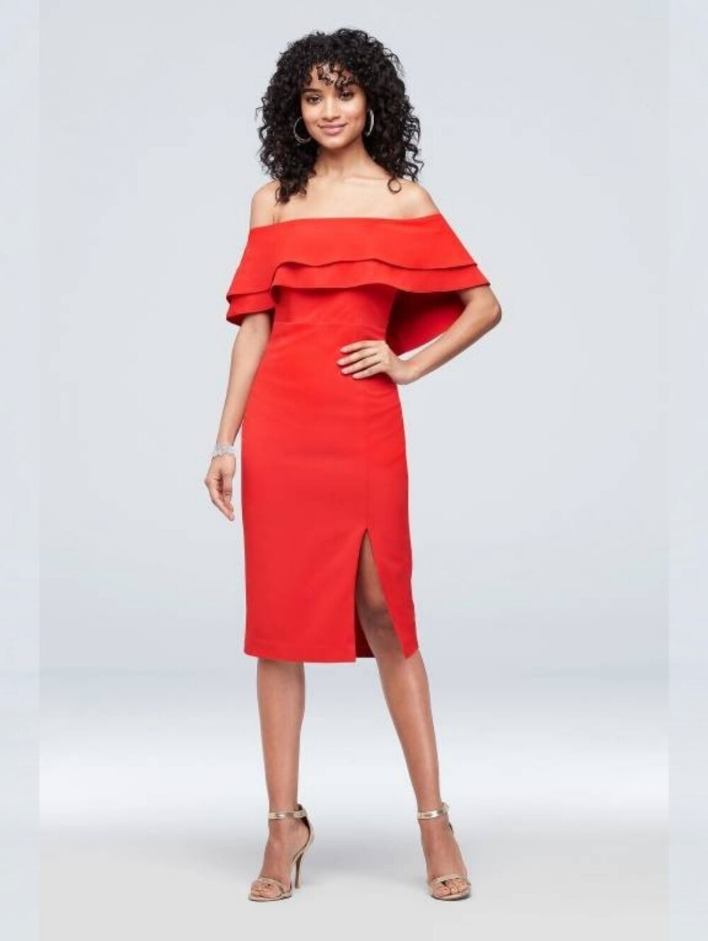 Bardot Red Flounced Crepe Off-the-Shoulder Sheath Dress, S Elegant Modern